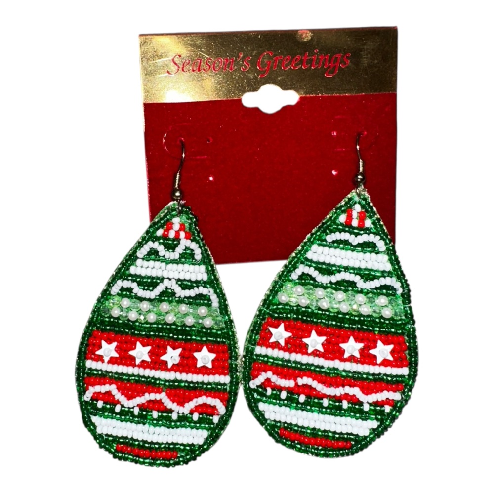 NEW Seed Beaded Green‎ Red White Ugly Christmas Sweater Style Fishhook Earrings